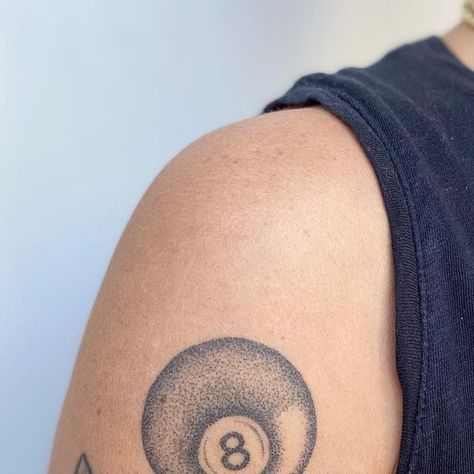 Anna Wexler on Instagram: "healed 8 ball for Tuffy ❤️❤️ on @shelly.millard 🙏🏽🙏🏽 poked with @sombragrays at @communiontattoo 

#stickandpoke #handpoke #machinefree #tattoo #ttt #8ball #8balltattoo #dotworktattoo #dotwork #stippletattoo #stipplingart #stipple #art #austin #texas #austintexas #austintattooartist #communiontattoo #stickandpoketattoo #handpokedtattoo #memorialtattoo" 8 Ball Tattoo Aesthetic, Stippling Shading Tattoo, 8ball Tattoo Traditional, Stipple Tattoo Design, Tiny 8 Ball Tattoo, Pointillism Tattoos, Stipple Shading Tattoo, 8 Ball Tattoo Design, Stipple Tattoo