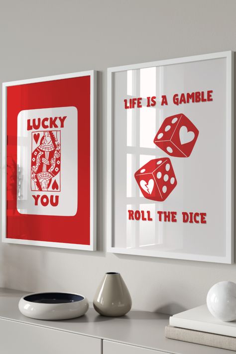 Trendy Printable Walln Art Set of 2 Room Decor Red Aesthetic, Red Wall Art Aesthetic, Lucky Me Poster, Queen Of Hearts Card Aesthetic, Lucky You Print, Trendy Retro Wall Art, Red Aesthetic Prints, Lucky You Poster, Gamble Aesthetic