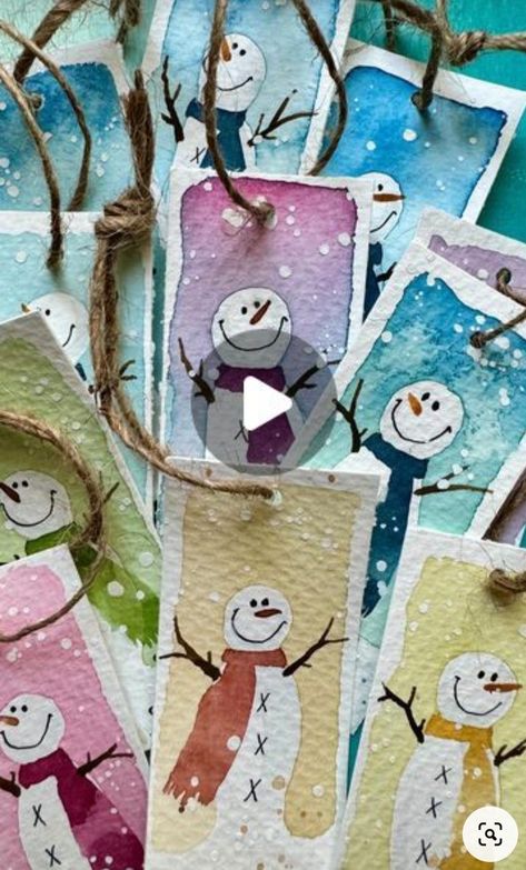 Watercolor Snowman Card, Christmas Tags Watercolor, Watercolour Christmas Tags, Holiday Watercolor Paintings, Watercolor Snowman Tutorial, Handpainted Christmas Cards, Watercolor Xmas Card Ideas, Watercolor Paintings Christmas Cards, Watercolor Christmas Bookmarks