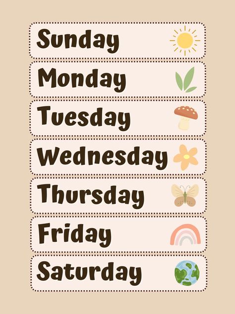 Days of the week nature poster. Created by myself. *DIGITAL DOWNLOAD* Days Of The Week Printables Aesthetic, Days Of The Week Aesthetic, Days Of The Week Poster, Learning Wall, English Corner, Nature Poster, Iphone Instagram, Photo Board, Nature Posters