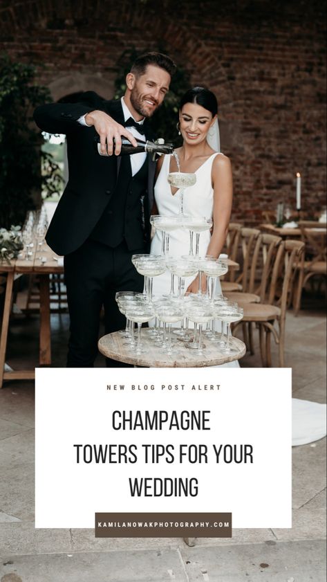 Have you been planning a champagne tower for your wedding? Are you looking for tips how to get the perfect champagne tower photographs? If so, keep reading! In this post, you’ll learn how to create the perfect champagne towers for your wedding so that you can have effortless champagne tower photos to look back on! Click to read these wedding photography tips today! Wedding Champagne Tower Aesthetic, Champagne Glass Tower Wedding, When To Do Champagne Tower, Champagne Tower At Wedding, How To Do A Champagne Tower, Champagne Towers Wedding, Champagne Tower How To, Champagne Tower Wedding Diy, How To Champagne Tower