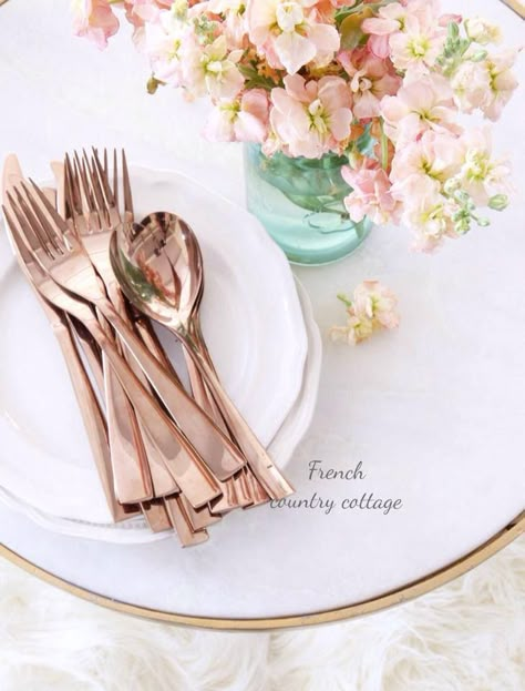 FRENCH COUNTRY COTTAGE: Crushing on~ Rose Gold and where to purchase these Rose Gold Silverware, Rose Gold Cutlery, Gold Silverware, Rose Gold Decor, Gold Everything, Rosa Gold, Gold Cutlery, Copper Rose Gold, Country Chic Cottage