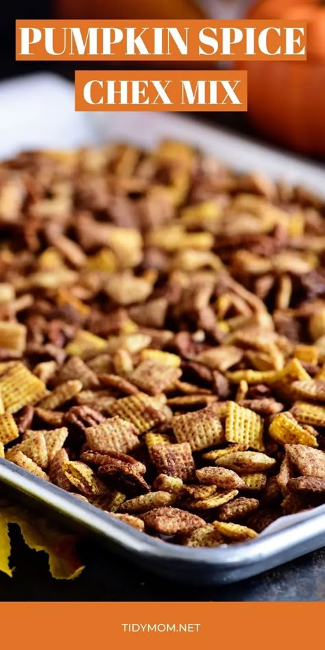 Pumpkin Spice Chex Mix Recipe, Pumpkin Spice Snack Mix, Pumpkin Spice Cheerios, Pumpkin Spice Snack, Chex Snack Mix, Fall Snack Mixes, Chocolate Chex, Trail Mix Recipes, Chex Mix Recipes