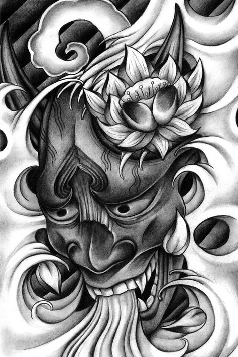 Hannya Maske, Japanese Demon Tattoo, Black Flowers Tattoo, Oni Tattoo, Hannya Mask Tattoo, Japanese Flower Tattoo, Buddha Tattoo Design, Lotus Tattoo Design, Samurai Tattoo Design