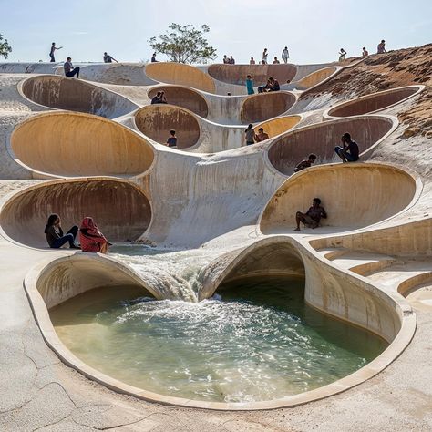 Carlos Bañon Blazquez | /imagine Bend & Blend :: We need more architectural shorelines that bend and blend, meeting the water line in tangency. Let’s enable… | Instagram Water Circulation Architecture, Water Pavilion Architecture, Cascading Architecture, Water Architecture Concept, Water In Architecture, Aquatic Architecture, Fluid Landscape, Tranquil Spaces, Water Pavilion