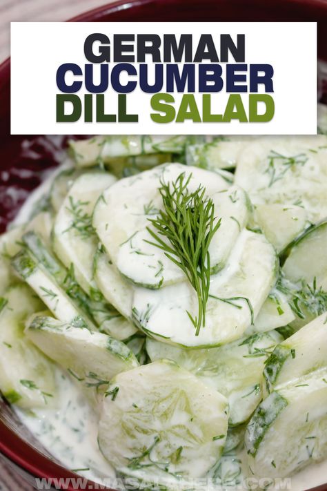 Creamy German cucumber dill salad prepared with sour cream. Better known as Gurkensalat. Flavorful and refreshing summer side dish. German Salads, Picnic Salad, German Cucumber Salad, Dill Salad, Tasty Salads, Cucumber Dill Salad, Salad Cucumber, Creamed Cucumbers, Cucumber Dill