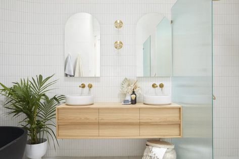 The Block 2020: Week 4 — Master ensuite reveal Ensuite Room, Master Ensuite, Black Bath, Curved Walls, Arch Mirror, Rooms Reveal, Custom Made Furniture, Bathroom Renos, Laundry In Bathroom