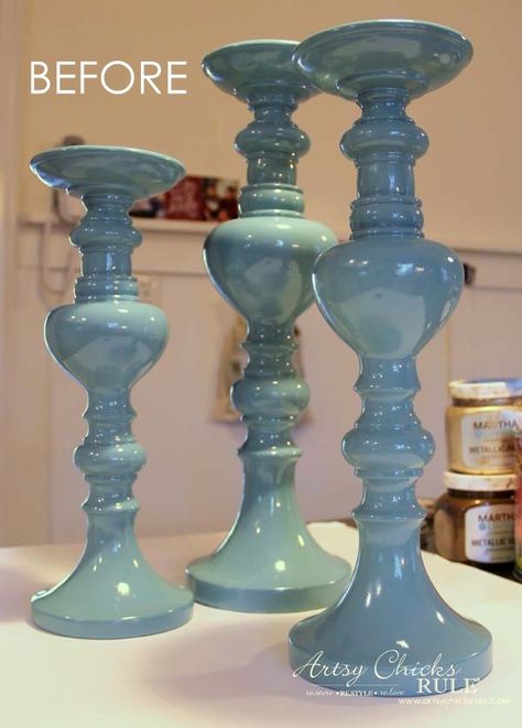 Painted Candlesticks (instant elegance with a little paint!) Painting Glass Candlesticks, Brass Candlesticks Decor, Painted Brass Candlesticks, Candle Stick Decor Ideas, Spray Paint Ceramic, Diy Pet Bed, Painted Candlesticks, Crafts By Season, Painting Candle Holders