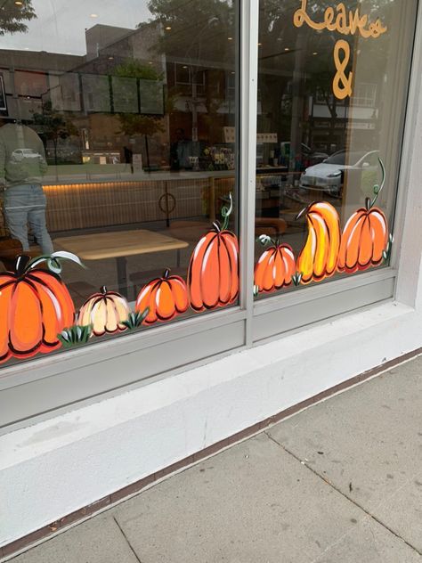 Fall Pumpkin Window Painting, Storefront Fall Decor, Autumn Cafe Decor, Autumn Coffee Shop Decor, Coffee Window Art, Coffee Shop Fall Decor, Snoopy Window Painting, Fall Cafe Decor, November Window Art