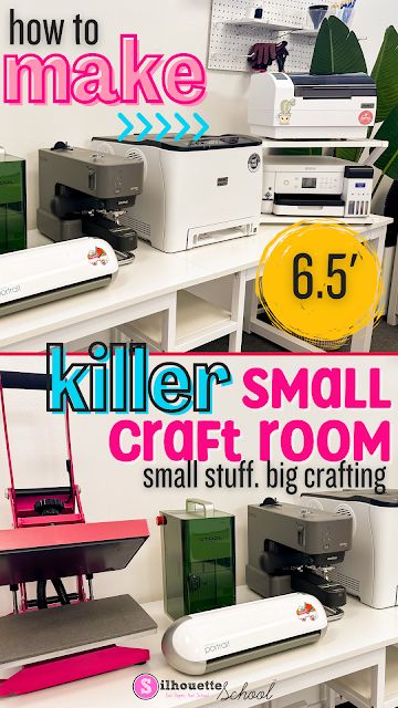 8 Mini Machines to Setup a Killer Small Craft Room Circut Work Station, Small Craft Room Set Up, Heat Press Station Ideas, Small Craft Room Layout, Crafting Table Ideas Work Stations, Craft Room Design Layout Small Spaces, Craft Table Organization, Cricut Desk Set Up, Heat Press Table Ideas