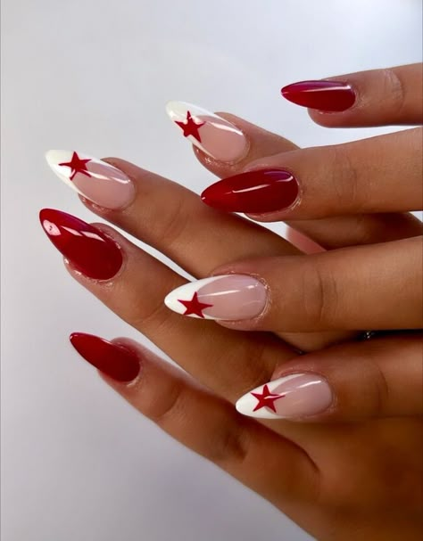 red french tip star detail nails inspo Hoco Nails, Gel X Nail, 2024 Nails, Cute Simple Nails, Girly Acrylic Nails, Almond Nails Designs, Cute Nail Ideas, Her Nails, Star Nails