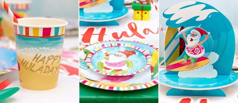 Surfing Santa's Happy Huladays Table Happy Huladays Party, Happy Huladays, Surfing Santa, Wedding Projects, Party Planning Ideas, Classroom Inspiration, Christmas In July, Planning Ideas, Christmas Table