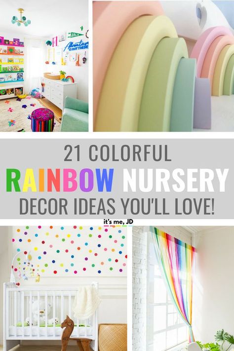 21 Colorful Decor Ideas For A Rainbow Themed Nursery #rainbownursery #rainbowbaby #rainbowdecor #rainbows #rainbowart Nursery Decor Colorful, Colorful Rainbow Nursery, Bright Colour Nursery Ideas, Rainbow Childrens Bedroom, Colourful Nursery Decor, Rainbow Baby Room Nurseries, Nursery Room Inspiration Colorful, Nursery Ideas Rainbow, Rainbow Baby Nursery Ideas