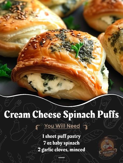 Puff Pastry Starters Recipes, Cream Cheese Spinach Puffs, Savoury Party Food, Spinach Puffs, Stuffed Buns, Cream Cheese Puffs, Easy Puff Pastry Recipe, Tasteful Recipes, Spinach Puff Pastry