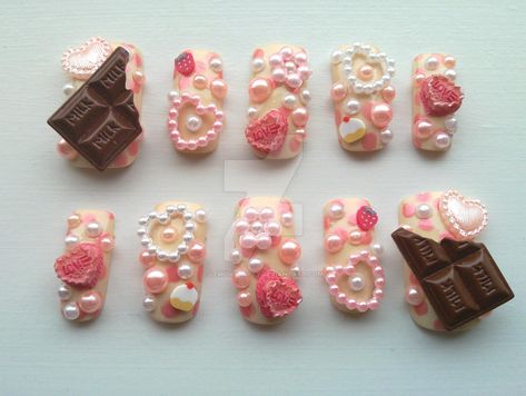 Chocolate Nails, Gyaru Nails, Japanese Nail Art, Really Cute Nails, Kawaii Nails, Nails Inc, Cute Nail Designs, Nail Art Inspiration, Cute Acrylic Nails