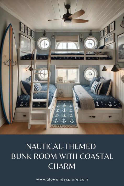 This cozy bunk room in a beach cottage is perfect for kids or guests, featuring built-in beds, porthole windows, and nautical decor for a fun, coastal vibe. ⚓ #ModernCoastalDecor #NauticalStyle #BunkRoom #BeachCottage Beach Bunk Room, Beach House Bunk Room, Beach House Ideas, Beach House Furniture, Modern Coastal Decor, Porthole Window, Built In Bed, Lake Side, Condo Ideas