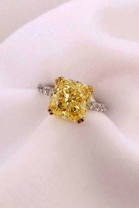 Engagement Rings Yellow Diamond, Yellow Diamond Engagement Ring Cushion, Yellow Diamond Engagement Rings, Prong Setting Engagement Ring, Halo Round Engagement Ring, Solitaire Engagement Ring Cathedral, Stylish Engagement Rings, Diamond Engagement Rings Cushion, Yellow Diamond Ring