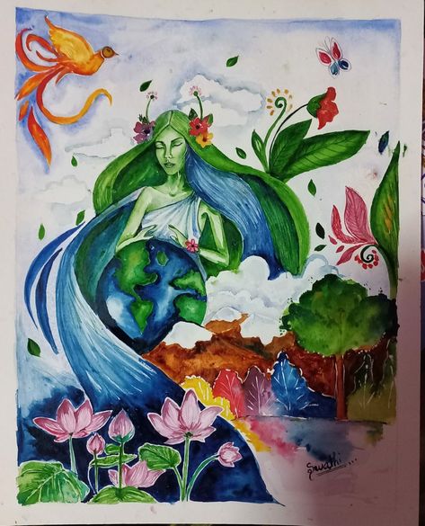 Save Tree Drawing Art, Geography Painting, Save Earth Posters For Competition, Sustainable Development Poster Drawing, Save Mother Earth Poster, Mother Nature Illustration, Environment Drawing Ideas, Environmentalist Art, Earth Art Drawing