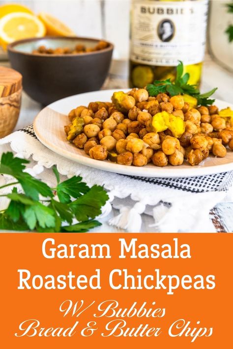 If you've never roasted chickpeas, you must try it! It's so easy and delicious, plus they are a great source of vitamins, minerals, and fiber. Garam Masala is a delicious blend of spices often used in Indian cuisine. It's a blend of cinnamon, mace, peppercorns, coriander seeds, cumin seeds and cardamon. Sprinkled over chickpeas and perfectly roasted, this is a unique dish that pleases everyone. Chop up some sweet Bubbies Bread and Butter Chips to add after they come out of the oven to complete t Roasted Cashews, Pea Recipes, Cumin Seeds, Chickpea Recipes, Roasted Chickpeas, Bread And Butter, Coriander Seeds, Perfect Side Dish, Fine Food