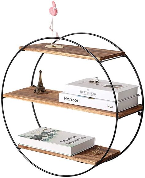 Amazon.com: Homode Floating Shelves, 3 Tier Geometric Round Wall Shelves Decorative Wood and Metal Hanging Shelf, Rustic Farmhouse Decor: Furniture & Decor Basement Powder Room, Round Wall Shelves, Circle Shelf, Primary Bed, Rustic Wood Floating Shelves, Metal Storage Shelves, Boston Apartment, Metal Wall Shelves, Store Design Boutique