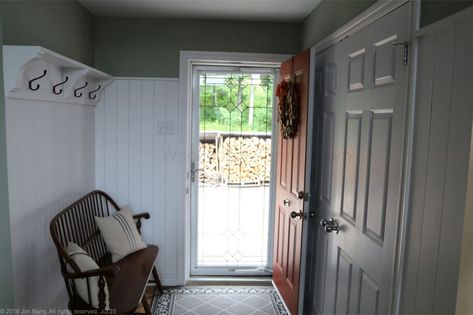 diy entryway painted white and BM October Mist. Bm October Mist, October Mist, Entryway Paint, Diy Entryway, White Painting, The Heat, Paint Colors, Mist, Entryway