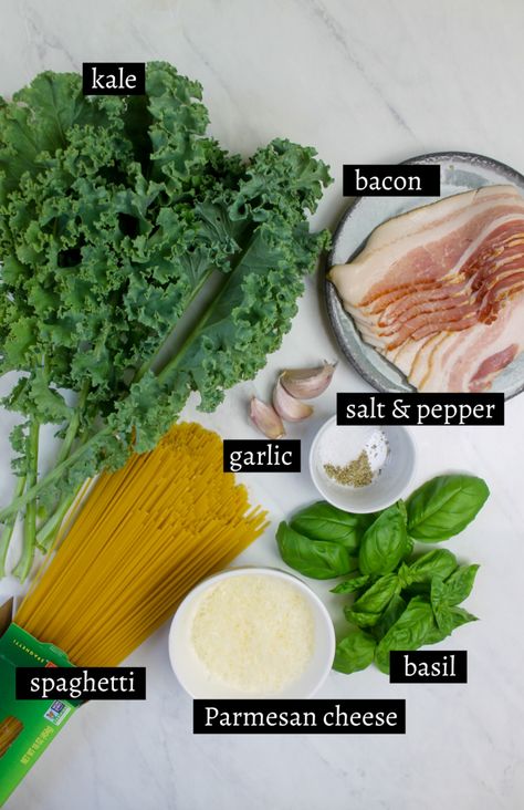 Bacon Kale Spaghetti - Sungrown Kitchen Kale Spaghetti, Kale Pasta Salad, Kale Pasta Recipe, Kale Dishes, Bacon Kale, Bacon Dinner, Linguine Recipes, Kale Pasta, Simple Pasta