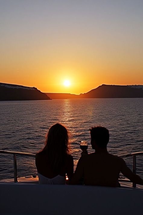 Set sail on a romantic sunset cruise around Santorini. Enjoy the stunning views, relax with a glass of wine, and create unforgettable memories with your partner. ⛵🌅🍷 #SantoriniSunset #RomanticSailing #GreeceGetaway Couple With Wine, Romantic Sunset Couple, Sunset Sailing, Santorini Sunset, Romantic Sunset, Sunset Cruise, A Glass Of Wine, Glass Of Wine, Santorini Greece