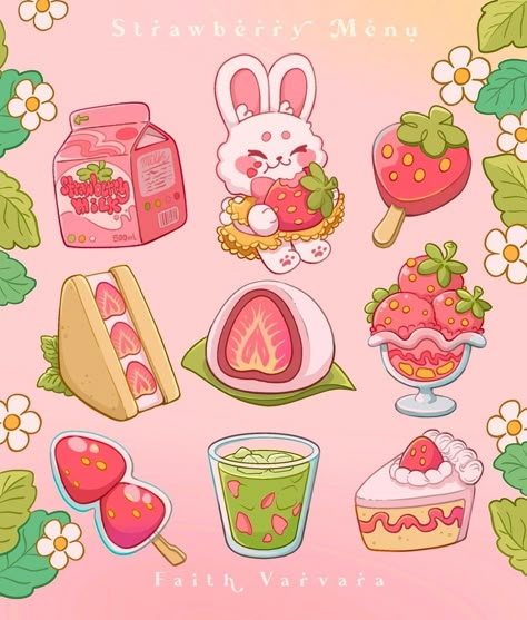 Faith Varvara on Instagram: “Redraw from about 3 years ago! Doing my lil menu without the writing I normally do for this one, what do you prefer?? • • • #strawberry…” Faith Varvara, Draw Kawaii, Strawberry Treats, Strawberry Art, 귀여운 음식 그림, Seni Dan Kraf, Food Illustration Art, Kawaii Illustration, Cute Food Drawings