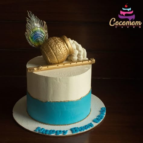 Janmashtami Theme Cake, Janmashtami Cake Ideas Simple, Matki Cake For Janmashtami, Janmashtami Cake Design, Janmashtami Cake Ideas, Janmashtami Food, Krishna Theme Cake, Peacock Theme Cake, 75 Birthday Cake