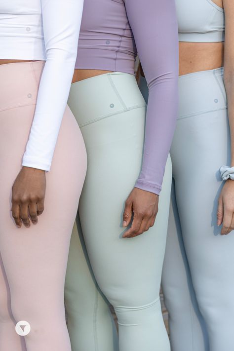 Althea tights in dusty pink, mint green and soft blue. Pastel Yoga Outfit, Pastel Leggings Outfits, Pastel Gym Outfit, Mint Green And Pink Outfit, Pink Athleisure Outfits, Pastel Workout Outfit, Mint Leggings Outfit, Slide Photoshoot, Pastel Sportswear