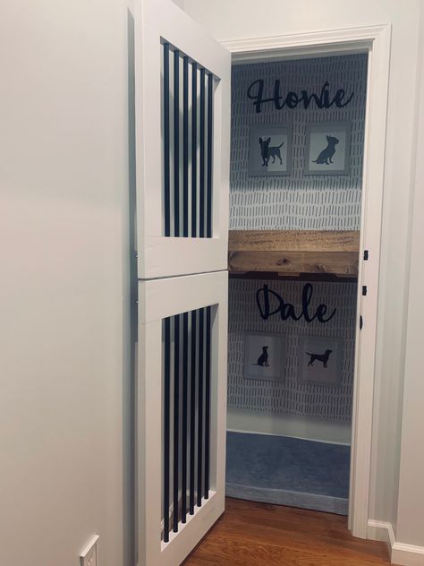 Coat Closet Dog Kennel, Dog Kennel In Closet Ideas, Hall Closet Dog Room, Closet Pet Room, Closet Dog Kennel, Dog House In Closet, Closet Into Dog Room, Closet Dog Room Ideas, Dog Closet Room