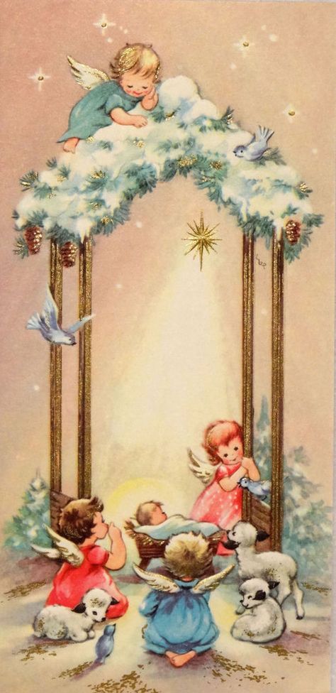 The Angels adoring Jesus :: Vintage Christmas card Štědrý Den, Vintage Holiday Cards, Vintage Christmas Card, Vintage Christmas Images, The Nativity, Old Christmas, Christmas Memory, Christmas Scenes, Noel Christmas