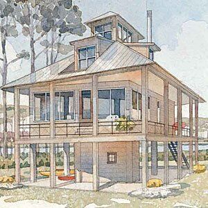 0412_house-plans-tidewater-cottage-m House Plans Southern Living, House Plans Southern, Stilt Home, Beach House Flooring, Beachside Bungalow, Southern Living House, Southern Living House Plans, Coastal House Plans, House On Stilts