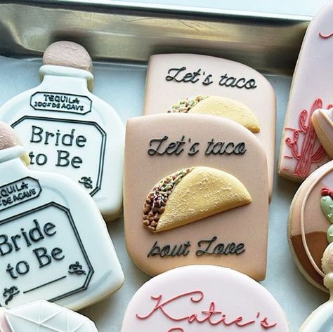 Best Bite Cookie Co. | Custom Cookie Art on Instagram: "Let’s taco bout love 🌮💍 • • • • #tacoboutlove #tacocookies #bachelorettecookies #bachelorettethemes #bachelorettedecoration #scottsdalebachelorette #bridetobecookies #customcookies #royalicingart #finalfiesta #tastytreats #azcookies" Taco Bout Love Bridal Shower Ideas Food, Taco Bout Love Cookies, Western Bridal Shower Cookies, Fiesta Cookies Decorated, Taco Bout Love Bridal Shower Ideas, Taco Bout Love Engagement Party, Rehearsal Dinner Cookies, Engagement Reveal, Fiesta Cookies