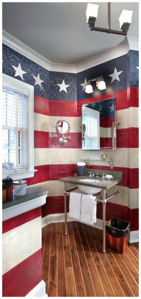 Americana Bathroom, Americana Room, Patriotic Bedroom, Patriotic Room, Lakehouse Bedroom, Americana Home Decor, Patriotic Nails, Americana Home, Patriotic Desserts