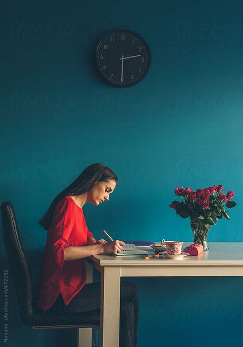 Woman Sitting at the Desk and Writing  by Mosuno Desk Pose Reference, Drawing Reference Sitting, Desk Pose, Sitting At Desk, Human Figure Sketches, Person Drawing, Human Drawing, Anatomy Poses, Women Writing