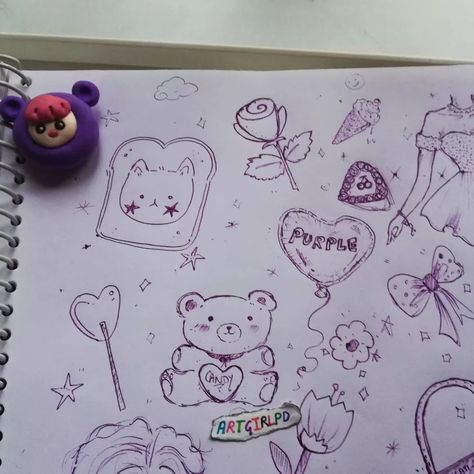 Cute Doodles Purple, Doodle Art Purple, Purple Drawing Aesthetic, Purple Doodles, Purple Art Journal, Purple Pens Aesthetic, Pen Art Doodle, Purple Kawaii Journal, Pen Doodles