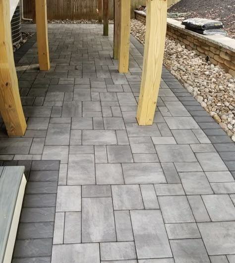 Crofton Paver Patio Two Tone Paver Patio, Grey And Black Patio Pavers, Pavers Against House, Grey Paver Walkway, Pavers Around Patio, Stained Pavers Patio, Charcoal Pavers Patio, Patio Paver Patterns, Paver Patterns 3 Sizes