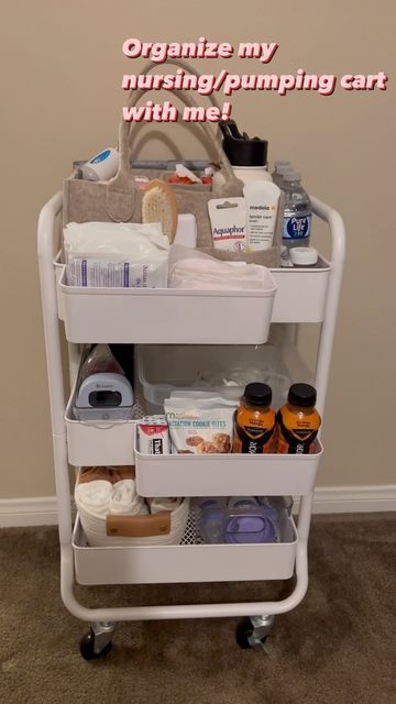 Pumping Cart Essentials, Bedside Nursing Cart, Nursing Caddy Essentials, Pumping Cart Ideas, Nursing Cart Organization, Nest With Me, Nursing Cart Ideas, Rolling Cart Organization Baby, Breastfeeding Cart Organization