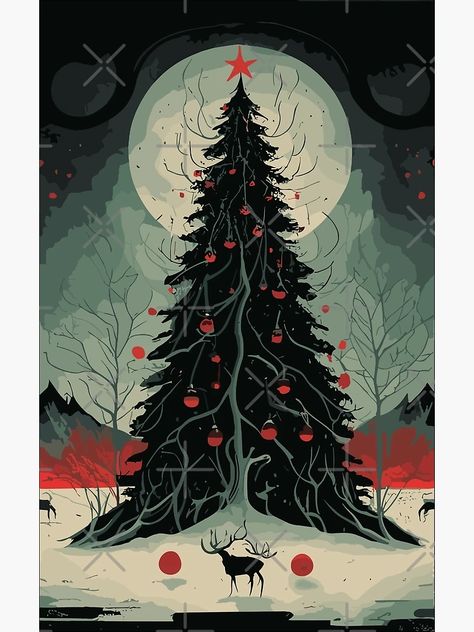 "Gothic Christmas tree" Art Print by HisteriaGR | Redbubble Dark Christmas Painting, Spooky Christmas Painting, Gothic Christmas Art, Gothic Christmas Wallpaper, Creepmas Wallpaper, Spooky Christmas Aesthetic, Spooky Christmas Wallpaper, Gothic Christmas Aesthetic, Gothic Christmas Tree