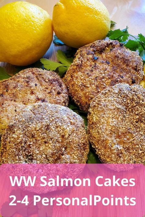 WW Salmon Cakes with Title Air Fryer Salmon Cakes, Weight Watchers Salmon, Hmr Recipes, Canned Salmon Patties, Salmon Patty, Canned Salmon Recipes, Air Fryer Salmon, Salmon Patties Recipe, Can Salmon