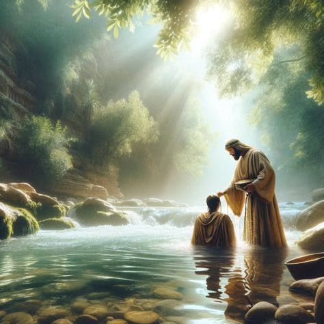 A serene scene depicting the Jordan River with crystal clear water flowing gently. In the foreground, a man dressed in traditional biblical attire, representing John the Baptist, is baptizing a person in the river. The atmosphere is peaceful and spiritual, with soft sunlight filtering through lush green trees along the riverbank. The image conveys a sense of tranquility and historical significance, illustrating a pivotal moment in religious history. Biblical Attire, John The Baptist And Jesus, Book Of Luke, The Jordan River, Jesus Son, Jesus Son Of God, Water Baptism, Old Man Portrait, Wade In The Water