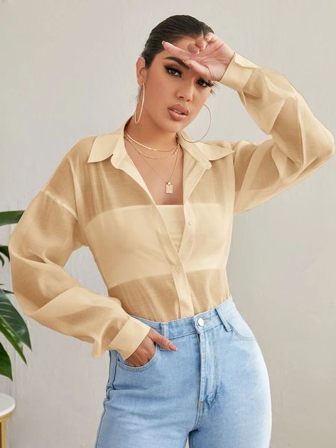 Button Up Drop Shoulder Sheer Blouse | SHEIN USA Sheer Button-up Tops For Night Out, Nyc Outfits Aesthetic, Chic Sheer Button-up Tops, Sheer Button-up Summer Blouse, Classic Sheer Button-up Tops, Chic Sheer Button-up Blouse, Ditsy Floral Top, Butterfly Sleeve Top, Ruffle Hem Blouse