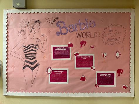 Ra Bulletin Boards Barbie, Barbie Bulletin Board, Ra Bulletins, Ra Boards, Ra Bulletin Boards, Resident Assistant, Ra Ideas, Hall Decor, Board Ideas