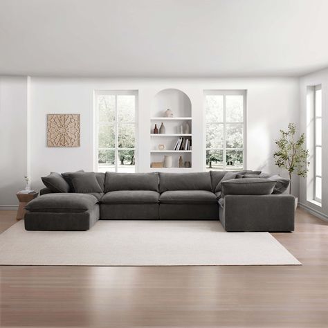 Sereen 6-piece Fabric Modular Sectional, Dark Gray | Costco Large Grey Sectional Living Room, Costco Cloud Couch, Costco Couch Sectional, Gray Cloud Couch, Dark Grey Sectional Living Room Ideas, Dark Sectional Living Room, Dark Gray Sectional Living Room, Costco Sectional, Costco Couch