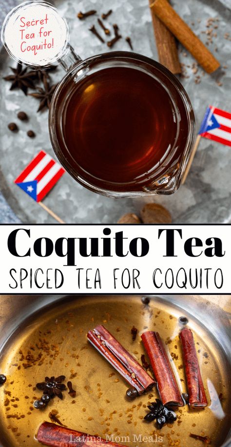 Learn how to make spiced tea for coquito. A Puerto Rican drink recipe made with coconut and served during the holidays. This tea recipe is used for drinks, desserts, and more. Puerto Rican Christmas Traditions, Coquito Recipe With Tea, Puerto Rican Drink Coquito, Spanish Coquito Recipe, Cocoquito Recipe Puerto Rican, Puerto Rican Holiday Recipes, Cocito Drink Recipe Puerto Rican, Flavored Coquito Recipe, Coquito Recipe Puerto Rican Authentic