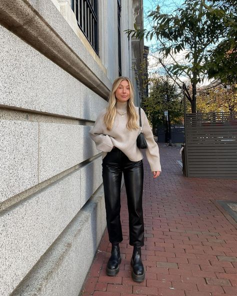 Leather Pants With Doc Martens, Leather Pant Outfits Winter, Abercrombie Leather Pants, Sweater Leather Pants Outfit, Ankle Leather Pants Outfit, Leather Pants And Doc Martens, Abercrombie Leather Pants Outfit, Aritzia Leather Pants Outfit, Womens Leather Pants Outfit