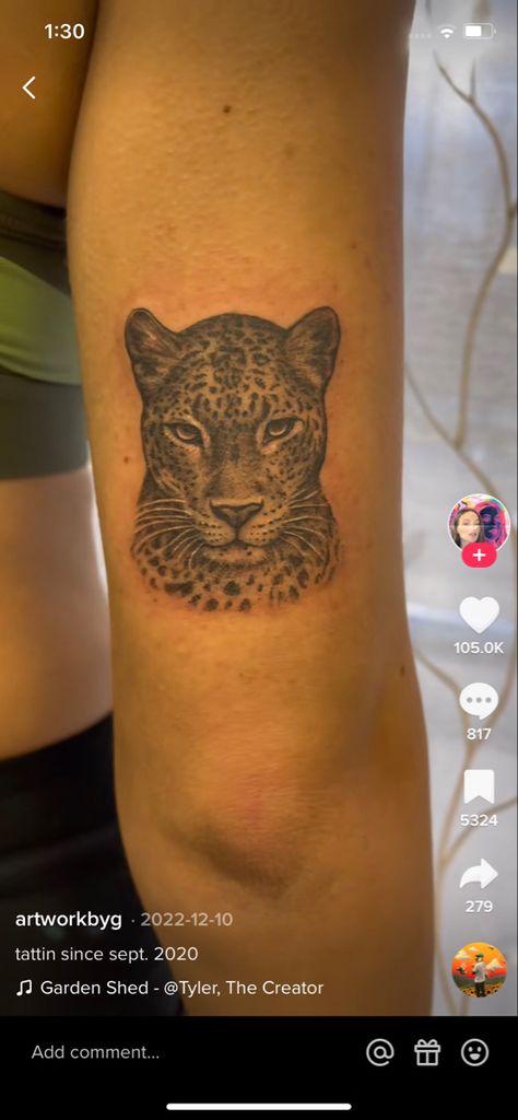 leopard tattoo idea (@artworkbyg tiktok) arm tattoo, leopard, cheetah, big cat tattoo Red Leopard Tattoo, Leopard Back Tattoo, Jaguar Tattoo For Women, Leopard Head Tattoo, Leopard Face Tattoo, Cheetah Tattoo For Women, Leo Lion Tattoos, Leopard Bedroom, Snow Leopard Tattoo