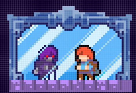 Pixel art from Celeste video game. Characters Madeline and Badeline in mirror Celeste Game Art, Celeste Tattoo, Celeste Madeline, Celeste Game, Celeste Art, Pixel Reference, Minecraft Icon, Pixel Art Maker, Mirror Game