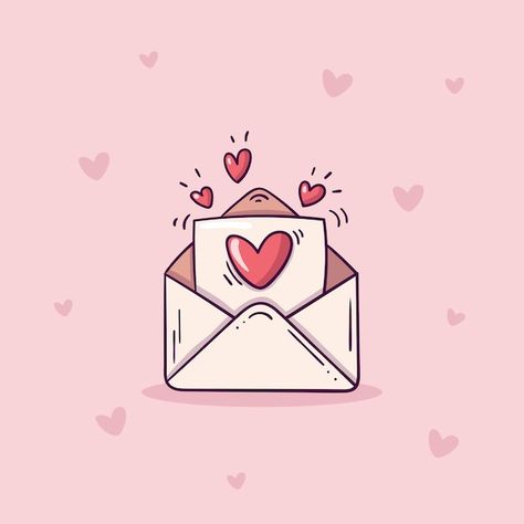 Love Letters Illustration, Love Letter Doodles, Love Icons Heart, Love Letter Aesthetic, Pink Doodles, Open Envelope, Cute Text Quotes, Happy Hearts Day